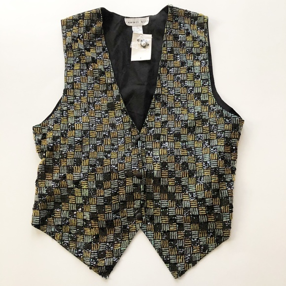 Summit Hill Tops - VTG Summit Hill Sequenced Beaded Vest Gold Silver Black Neutral Colors NWT Sz L